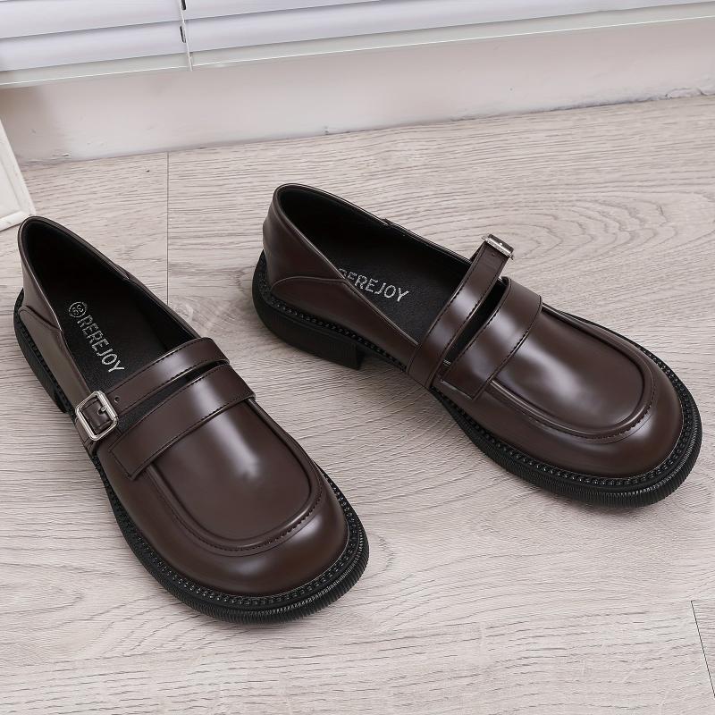 Women's Retro Chunky Heel Loafers Buckle Strap Comfortable Walking Shoes