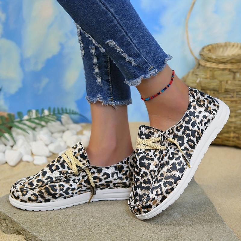 Leopard Print Canvas Shoes Lightweight Lace Up Walking Shoes