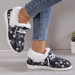 Women's Plush Lined Canvas Shoes Halloween Skull Printed Low Top Shoes