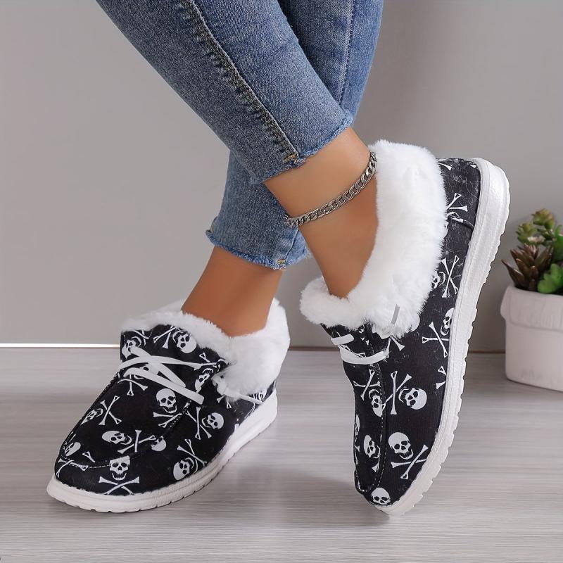 Women's Plush Lined Canvas Shoes Halloween Skull Printed Low Top Shoes