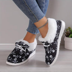 Women's Plush Lined Canvas Shoes Halloween Skull Printed Low Top Shoes