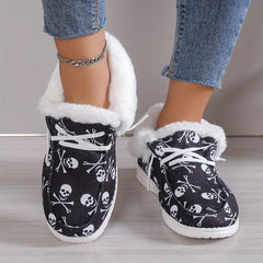 Women's Plush Lined Canvas Shoes Halloween Skull Printed Low Top Shoes