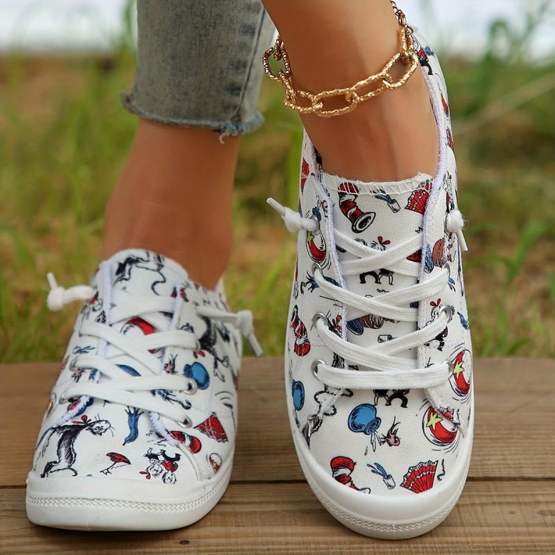 Women's Cartoon Print Canvas Low Top Flat Walking Shoes