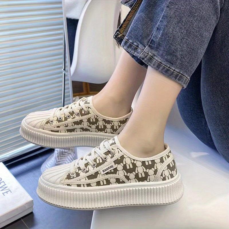 Women's Bear Print Canvas Sneakers Platform Shoes