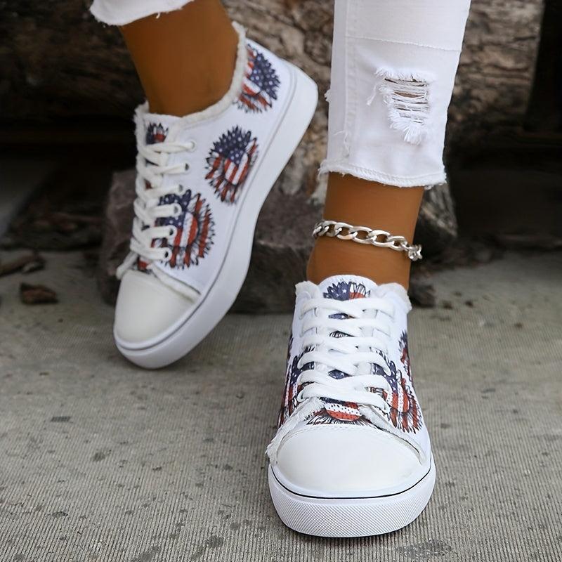 Women's Flag Flower Pattern Canvas Shoes Casual Lace Up Outdoor Shoes