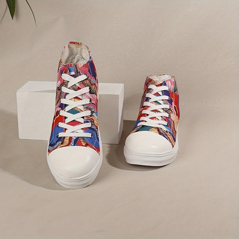Women's Printed Canvas Mid Top Lace Up Sneakers Lightweight Shoes