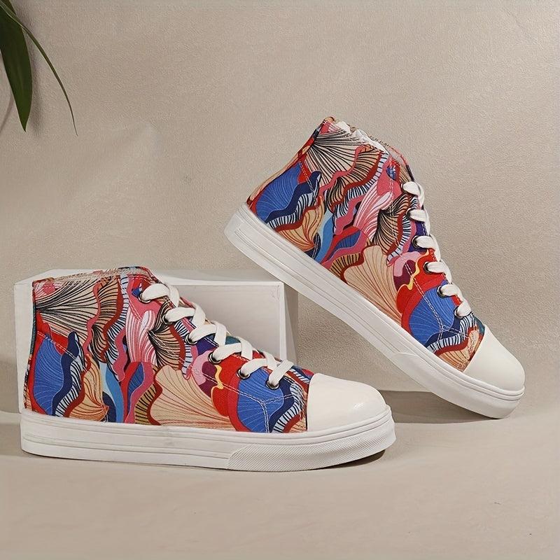 Women's Printed Canvas Mid Top Lace Up Sneakers Lightweight Shoes