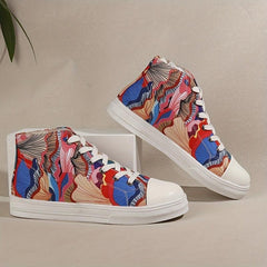 Women's Printed Canvas Mid Top Lace Up Sneakers Lightweight Shoes