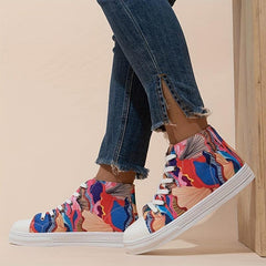 Women's Printed Canvas Mid Top Lace Up Sneakers Lightweight Shoes