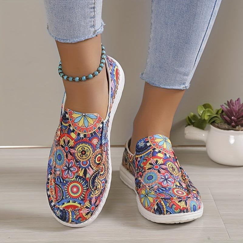 Women's Floral Print Slip On Low Flat Canvas Shoes