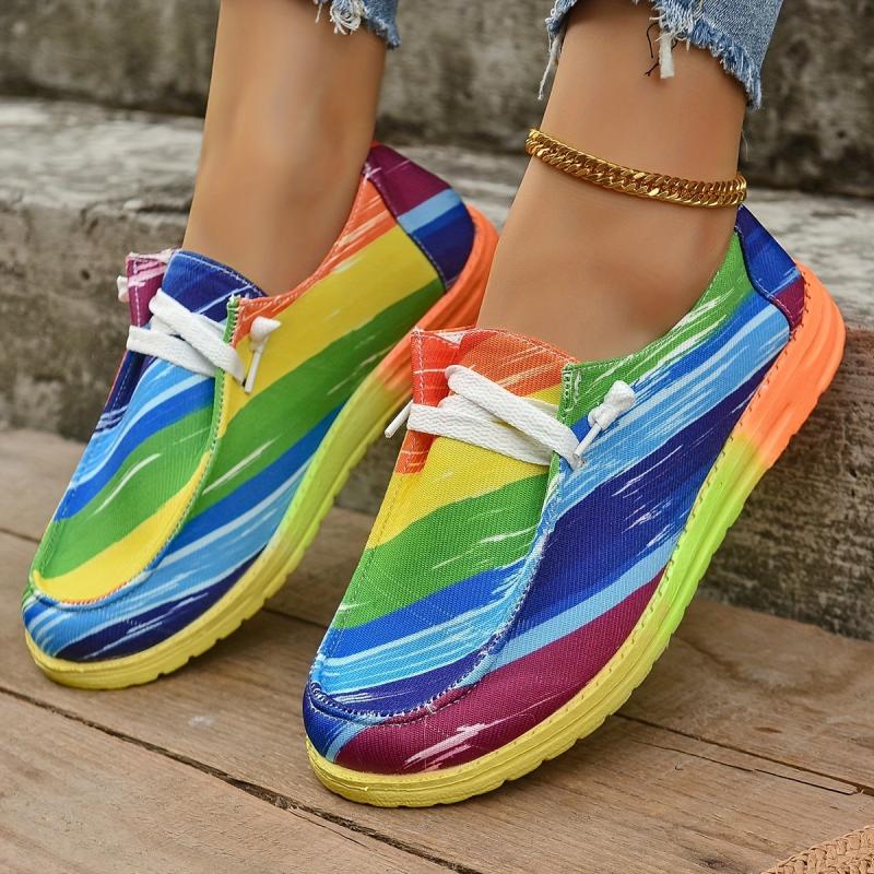 Striped Pattern Canvas Shoes Lace Up Lightweight Sneakers