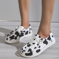 Women's Cow Pattern Canvas Lace-Up Sneakers Lightweight Outdoor Shoes