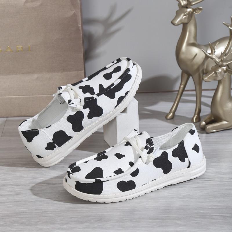 Women's Cow Pattern Canvas Lace-Up Sneakers Lightweight Outdoor Shoes