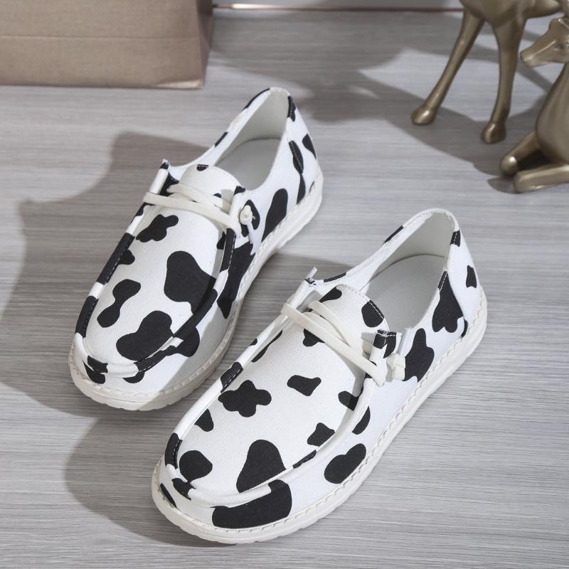 Women's Cow Pattern Canvas Lace-Up Sneakers Lightweight Outdoor Shoes