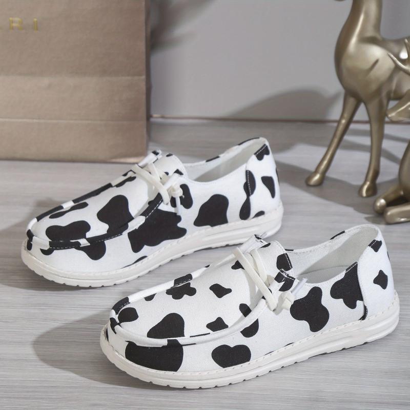Women's Cow Pattern Canvas Lace-Up Sneakers Lightweight Outdoor Shoes