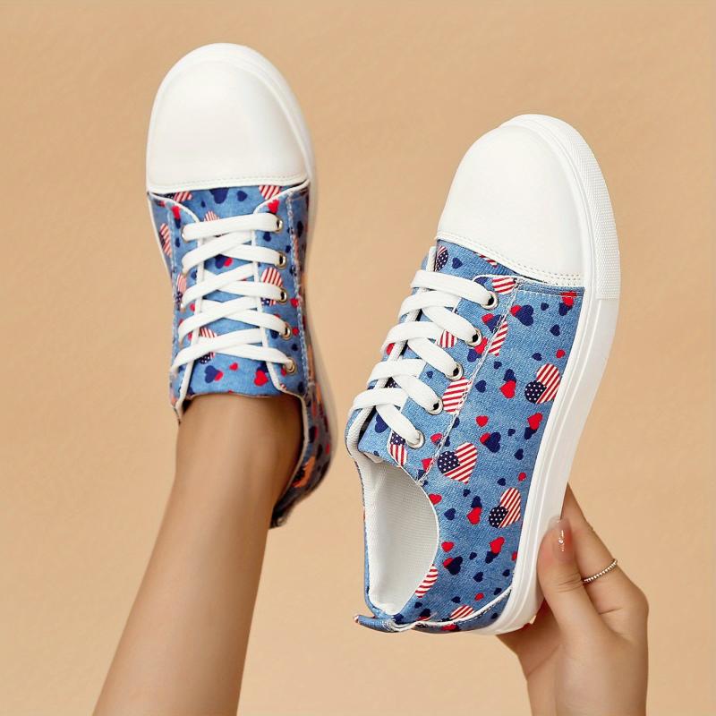 Women's Heart Pattern Denim Sneakers Lace Up Canvas Shoes