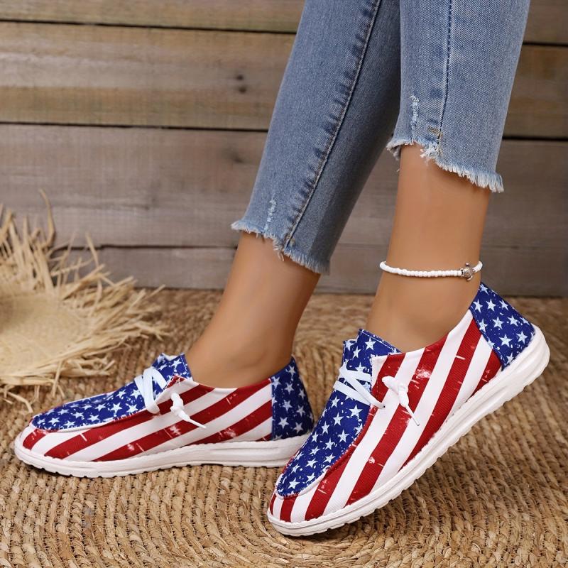 Women's Flag Pattern Elements Sneakers Low Top Slip-On Canvas Shoes Independence