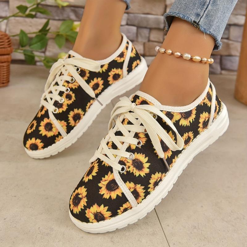 Women's Sunflower Print Sneakers Lace Up Casual Canvas Shoes
