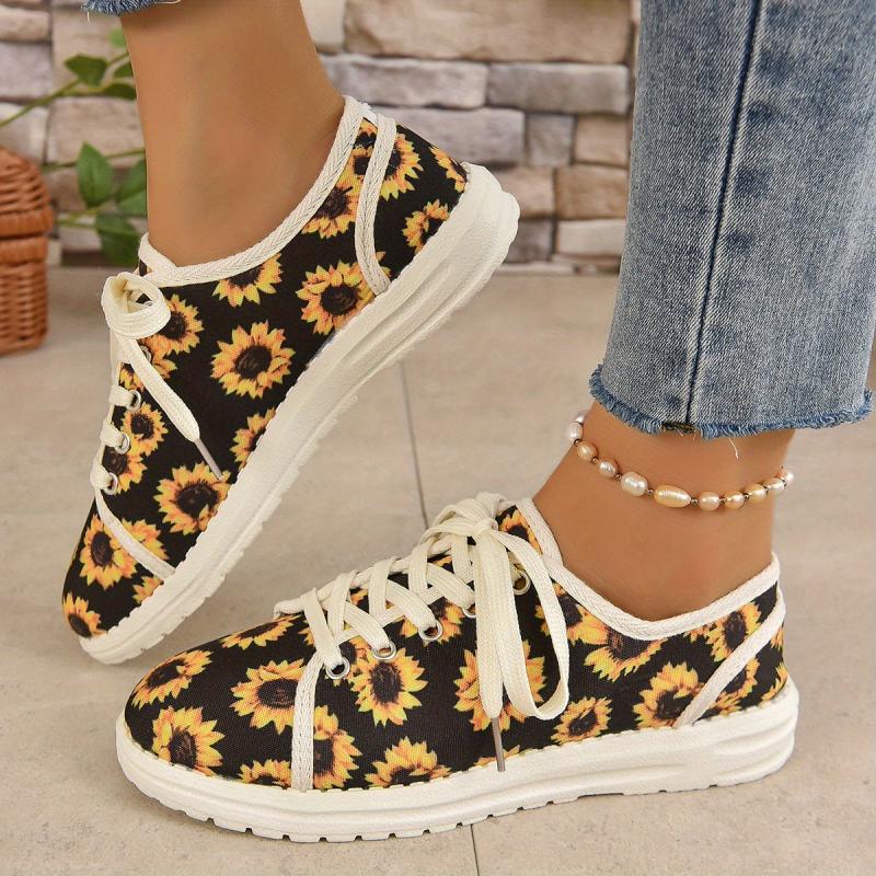Women's Sunflower Print Sneakers Lace Up Casual Canvas Shoes