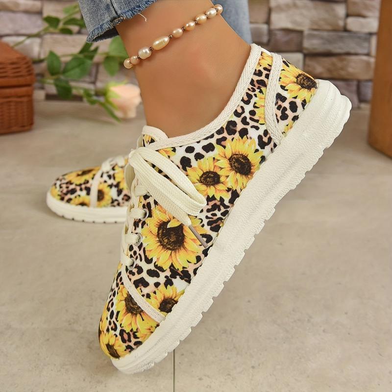 Women's Sunflower Print Sneakers Lace Up Casual Canvas Shoes