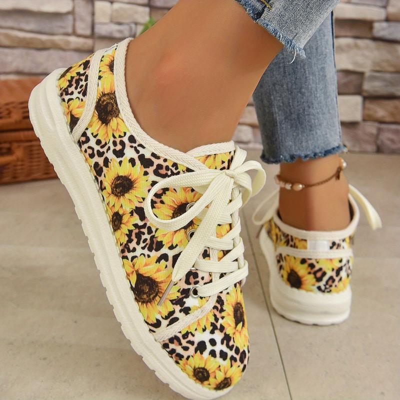 Women's Sunflower Print Sneakers Lace Up Casual Canvas Shoes