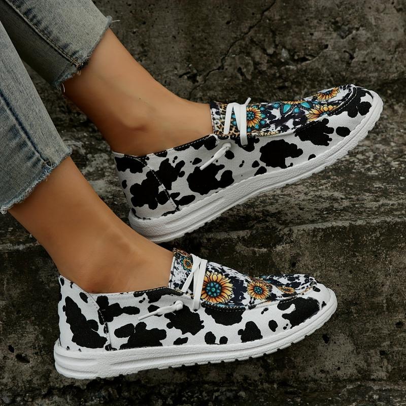 Women's Cow & Leopard Print Slip On Canvas Shoes Low Round Toe Casual & Light