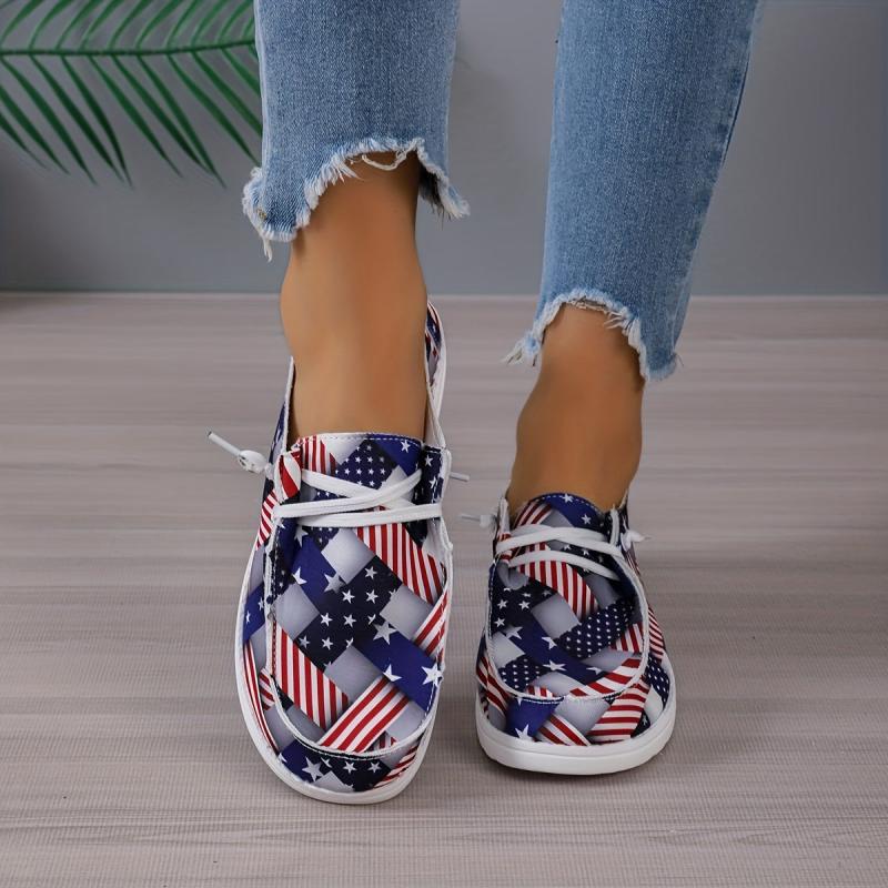 Women's Star & Striped Canvas Shoes Lace Up Flat Loafers
