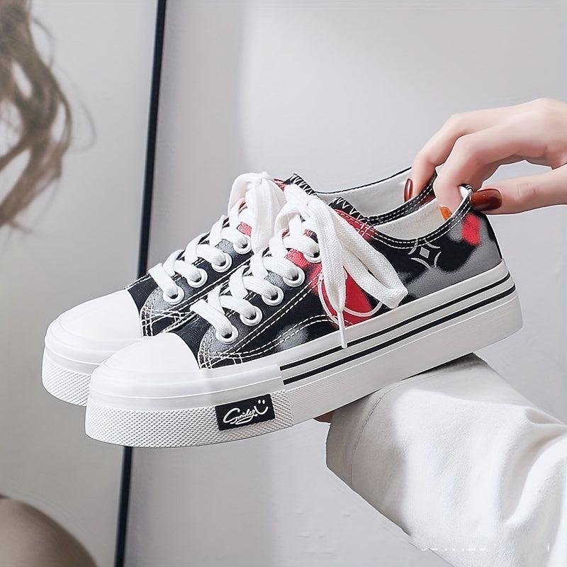Women's Smiley Face Canvas Sneakers Lace Up Skate Shoes