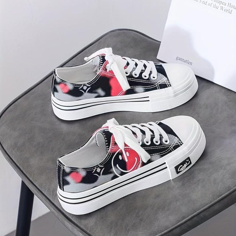 Women's Smiley Face Canvas Sneakers Lace Up Skate Shoes