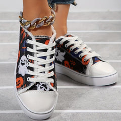 Women's Ghost & Pumpkin Pattern Canvas Shoes Halloween Lace Up Low Round Toe