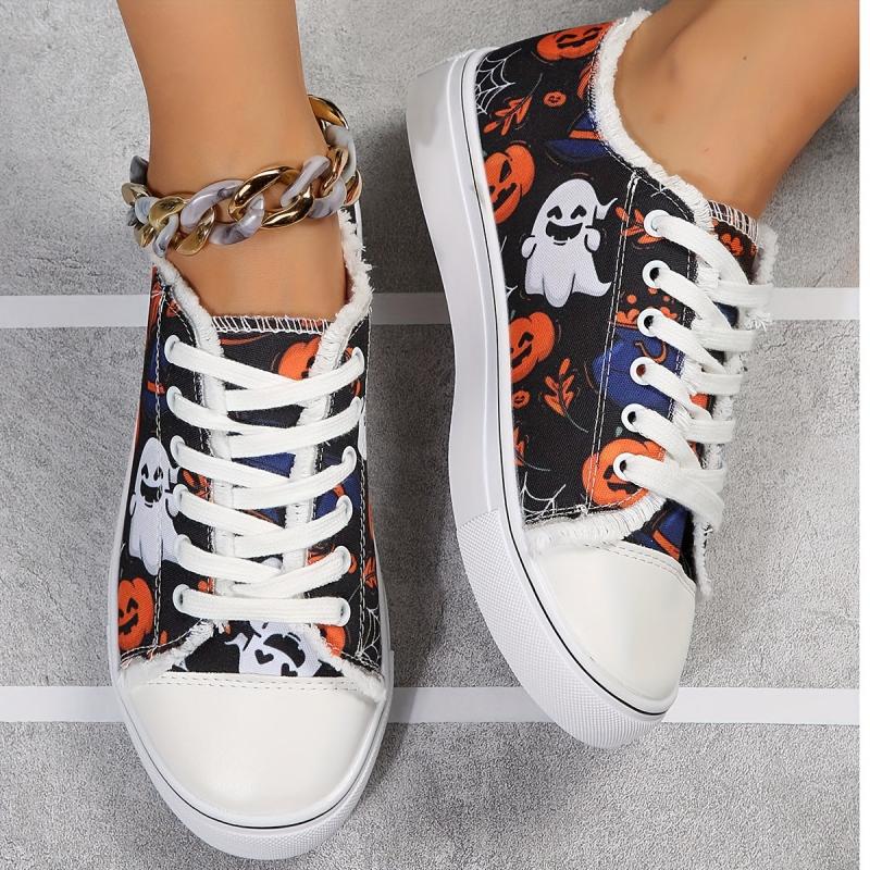 Women's Ghost & Pumpkin Pattern Canvas Shoes Halloween Lace Up Low Round Toe
