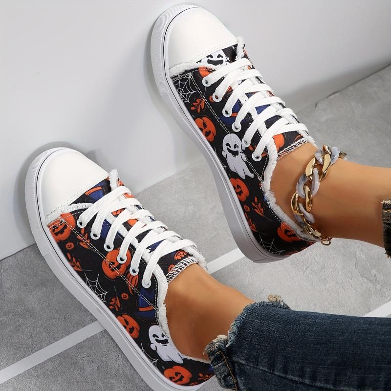 Women's Ghost & Pumpkin Pattern Canvas Shoes Halloween Lace Up Low Round Toe