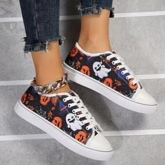 Women's Ghost & Pumpkin Pattern Canvas Shoes Halloween Lace Up Low Round Toe