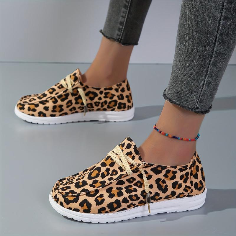 Leopard Print Canvas Shoes Lightweight Lace Up Walking Shoes