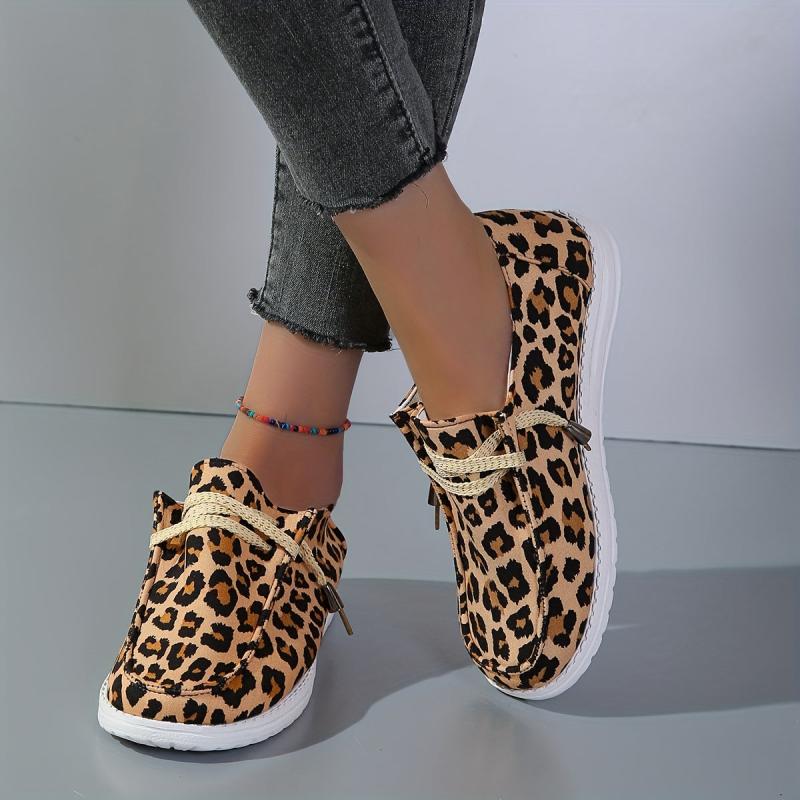 Leopard Print Canvas Shoes Lightweight Lace Up Walking Shoes