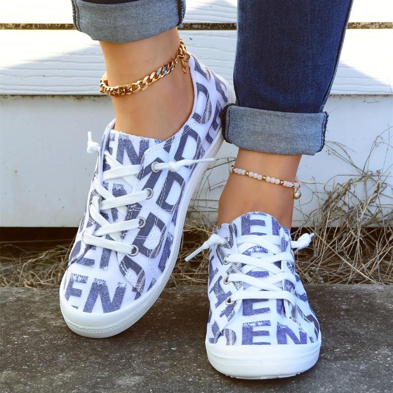 Women's Letter Print Canvas Shoes Low Top Lace Up Round Toe Casual Shoes