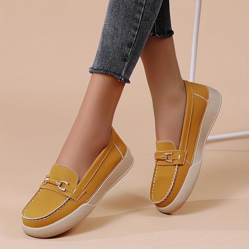 Women's Comfy Flat Loafers with Metallic Buckle Decor