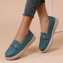 Women's Comfy Flat Loafers with Metallic Buckle Decor