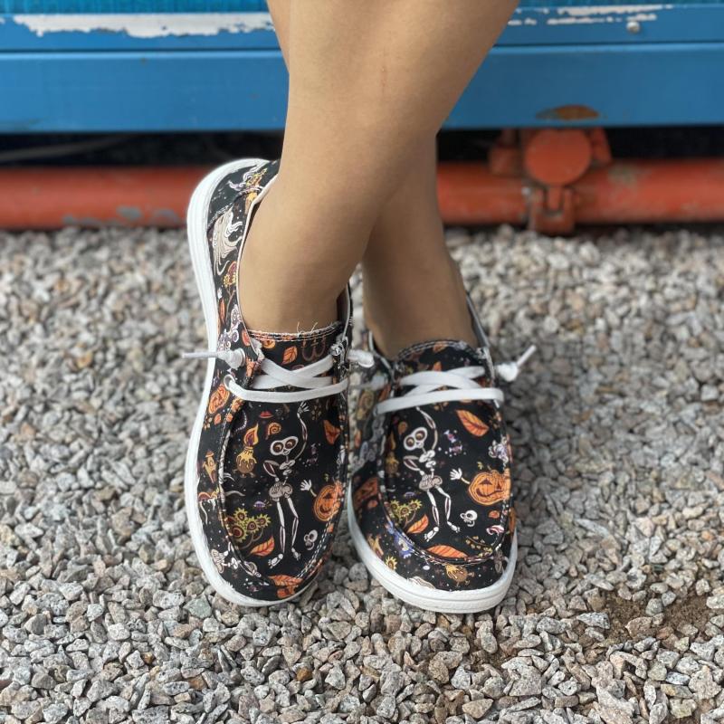Skull & Pumpkin Canvas Slip-On Shoes Lightweight Flat Comfy Halloween