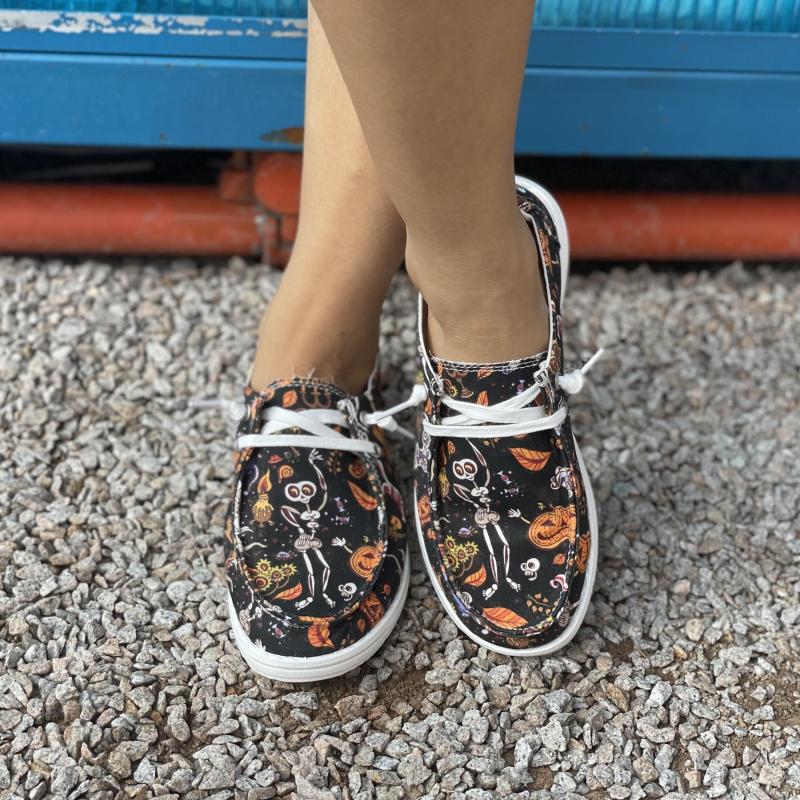 Skull & Pumpkin Canvas Slip-On Shoes Lightweight Flat Comfy Halloween
