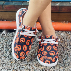 Women's Pumpkin Printed Lace Up Low Slip On Lightweight Flat Shoes
