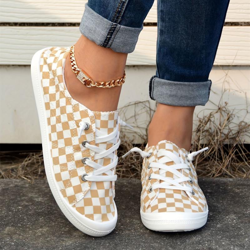 Women's Checkerboard Pattern Shoes Lace Up Comfy Canvas Shoes