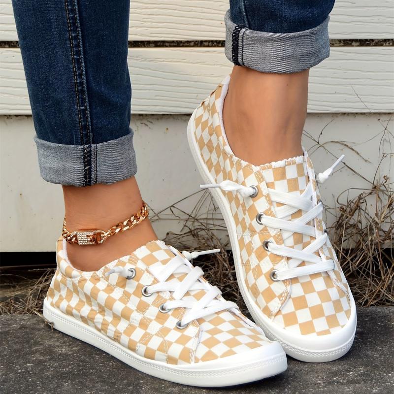Women's Checkerboard Pattern Shoes Lace Up Comfy Canvas Shoes