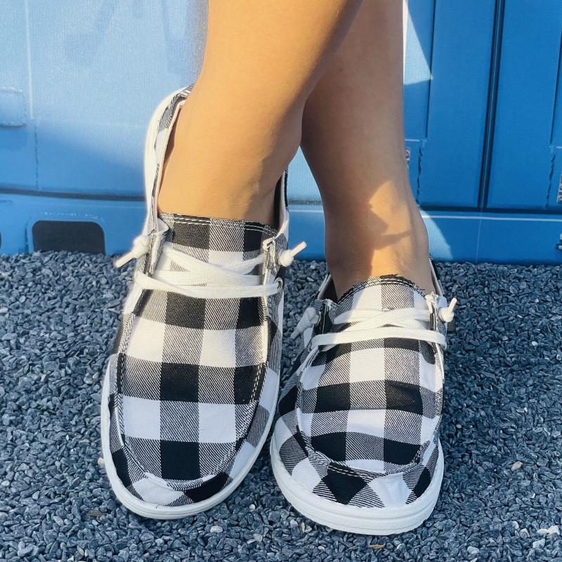 Women's Plaid Pattern Flat Shoes Lightweight Slip On Canvas Shoes