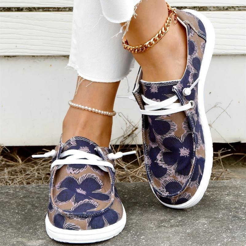 Floral Printed Canvas Lace-Up Sneakers Casual Flat Shoes
