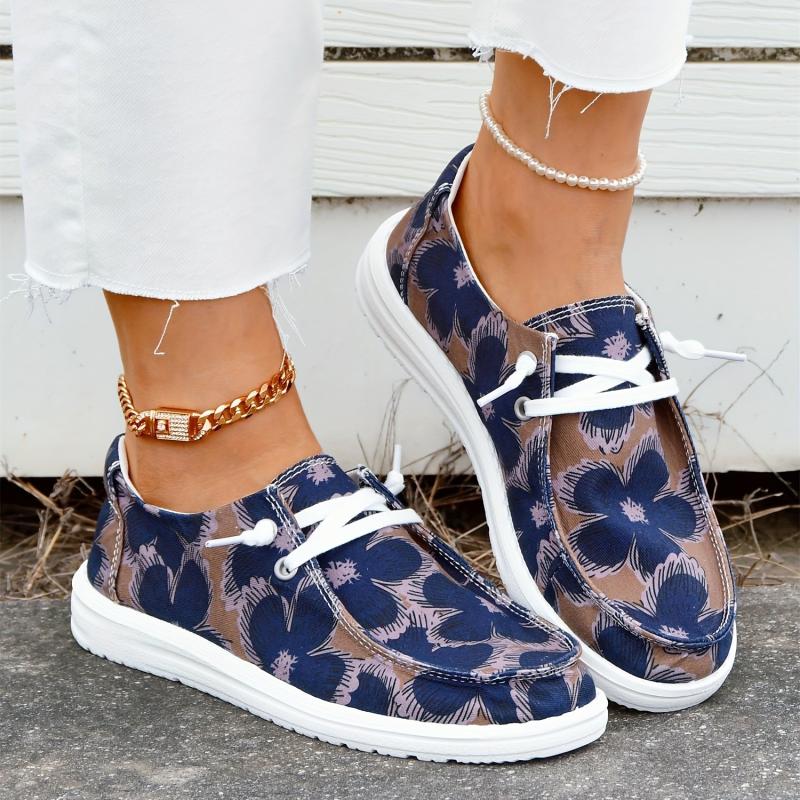 Floral Printed Canvas Lace-Up Sneakers Casual Flat Shoes