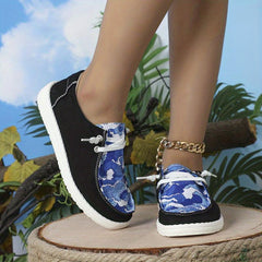 Women's Wave Printed Canvas Shoes Casual Low Top Lace Up Walking Sneakers