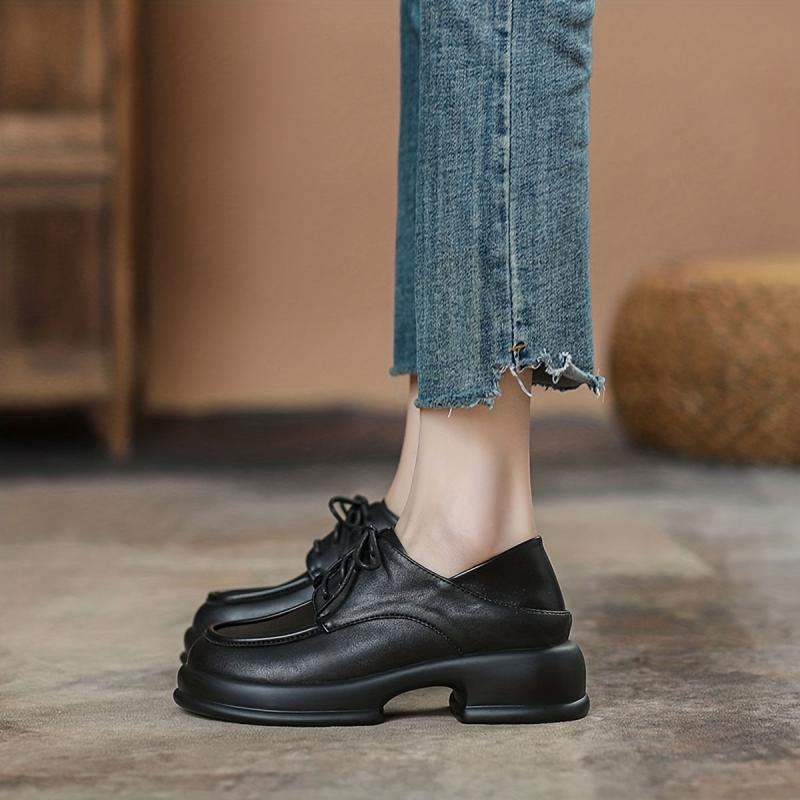 Women's British Style Loafers Comfortable Thick Sole Lace Up Shoes