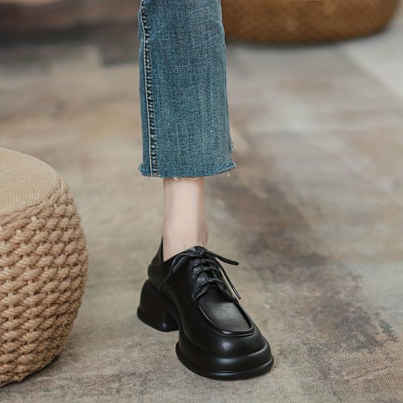 Women's British Style Loafers Comfortable Thick Sole Lace Up Shoes