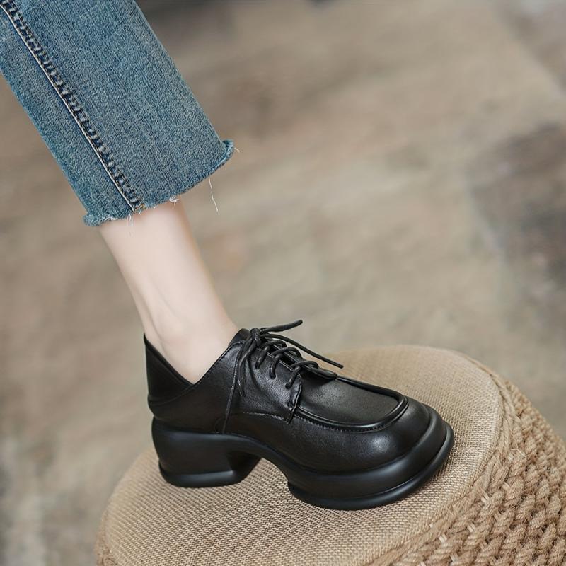 Women's British Style Loafers Comfortable Thick Sole Lace Up Shoes